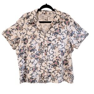 Sag Harbor Woman's Linen Blend Cropped Floral Button Up Shirt Cream Blue Pink